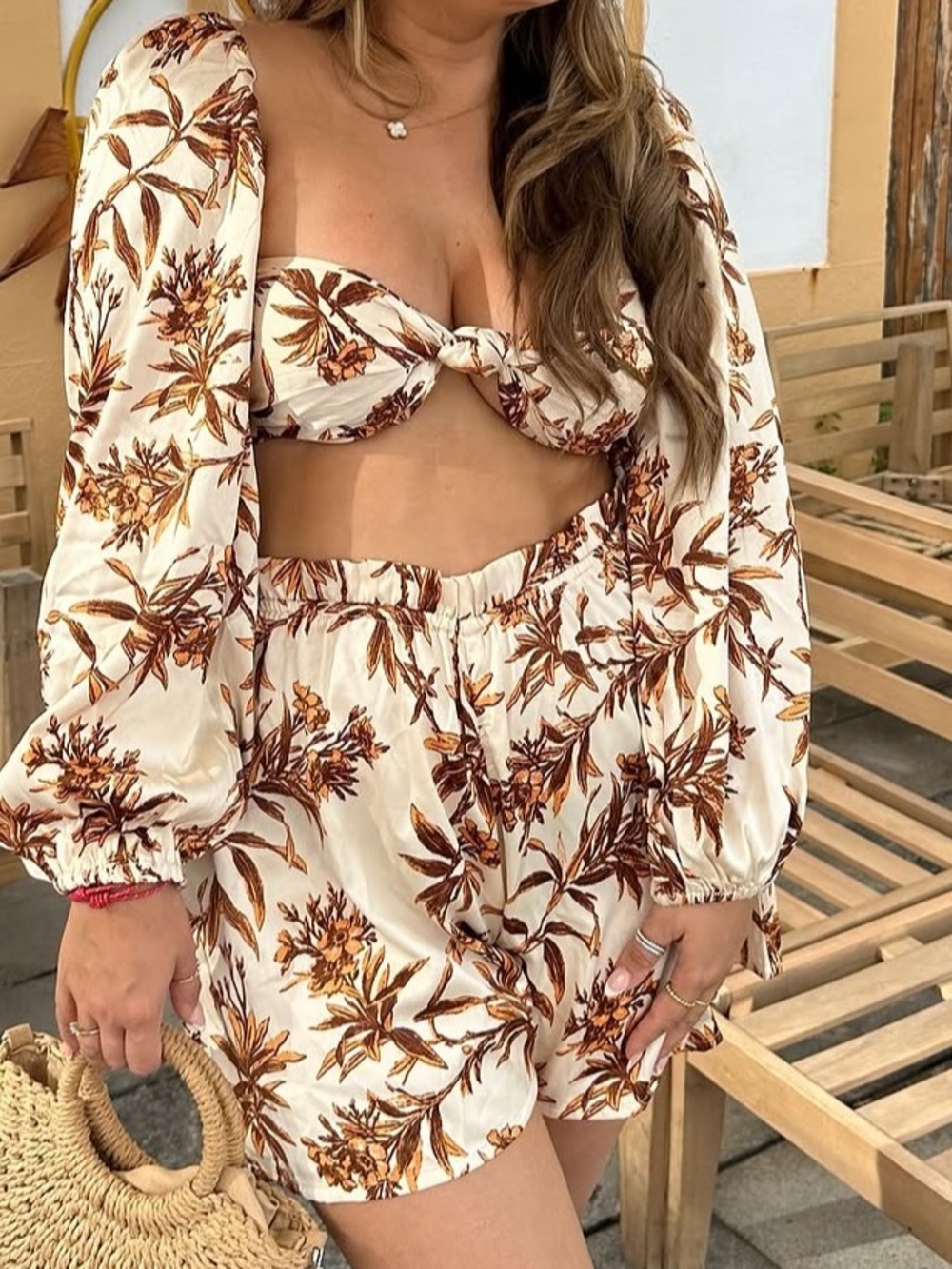 Women’s Floral Two-Piece Set - Cream with Brown Floral